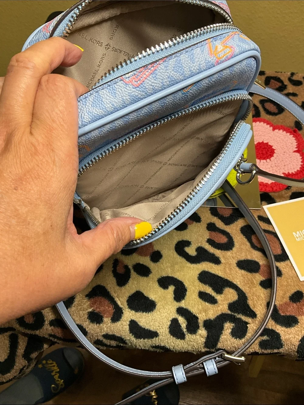 NWOT Michael Kors Baby Blue Crossbody with Multicolor Logo Accents